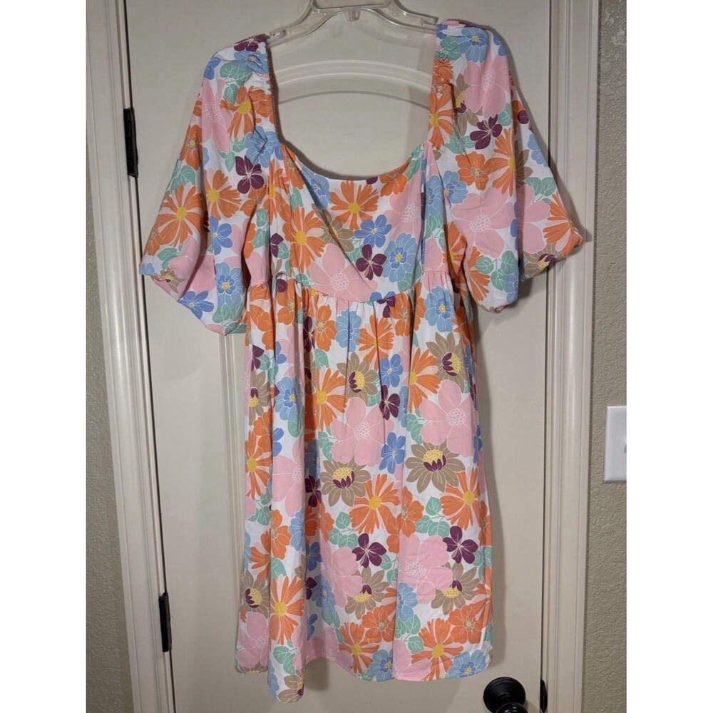Women’s XL Retro Floral Babydoll Dress Puff Sleeve Square Neck Cottagecore Pink